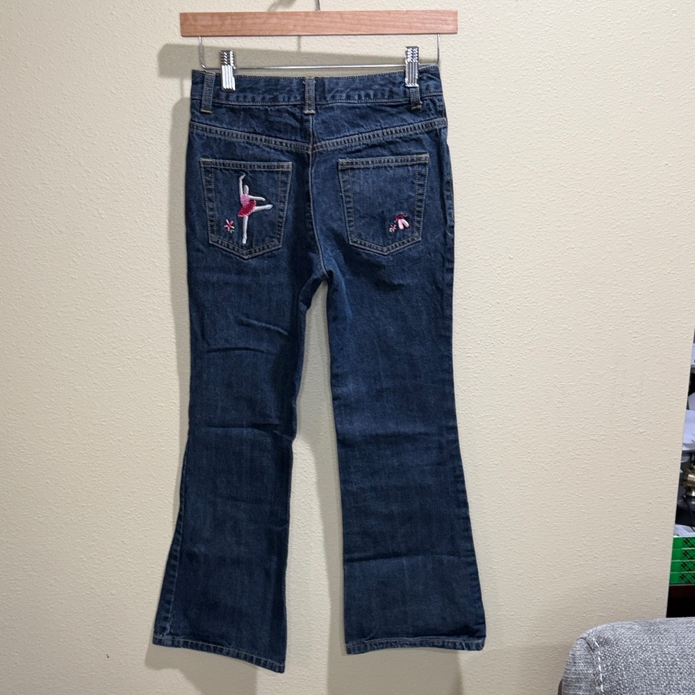 Lands' End Girls Size 10 Dark Blue Flare Jeans with Pink Ballerina Embroidery